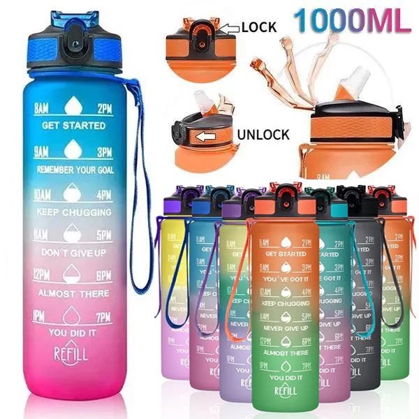 Smart Water Bottle Tracker - 1L スポーツウォーターボトル ストローとタイムマーカー付き プラスチック モチベーションウォーターボトル ドリンクボトル